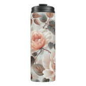 Crème bloemen met grijze bladeren op een lichtgrij thermosbeker (Voorkant)