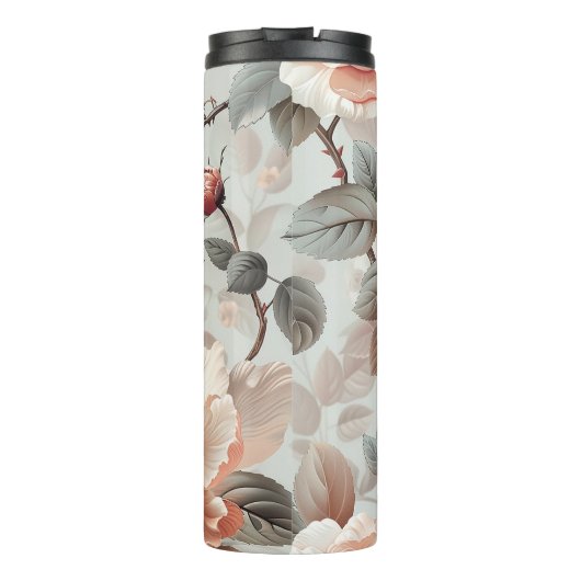 Crème bloemen met grijze bladeren op een lichtgrij thermosbeker (Achterkant)