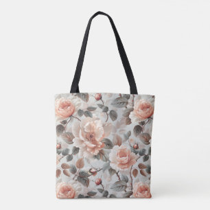 Crème bloemen met grijze bladeren op een lichtgrij tote bag