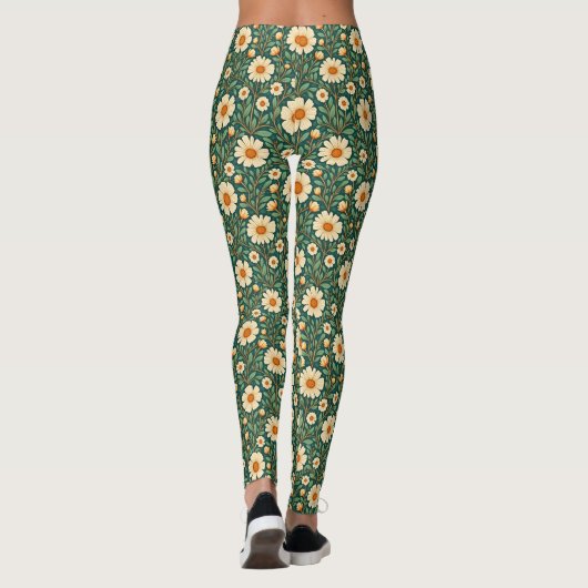 Crème Bloemen op Groen Leggings (Achterkant)