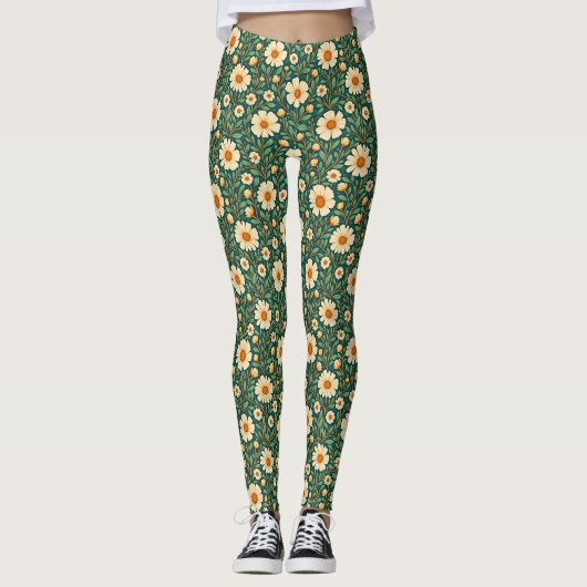 Crème Bloemen op Groen Leggings (Voorkant)