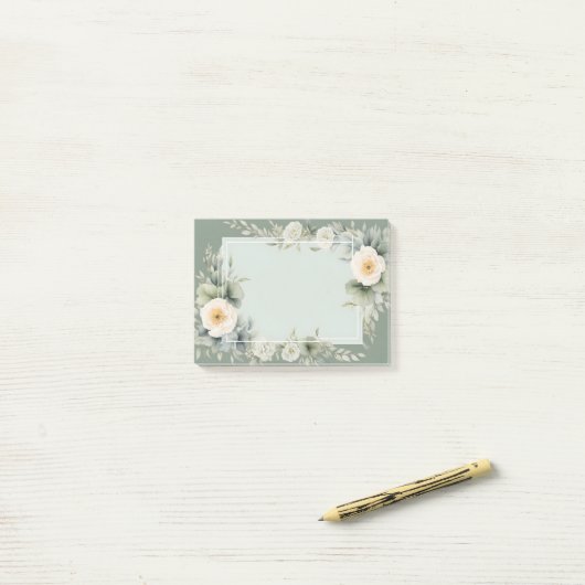 Crème Bloemen Wit Lijst Sage Groene Achtergrond Post-it® Notes (Op bureau)