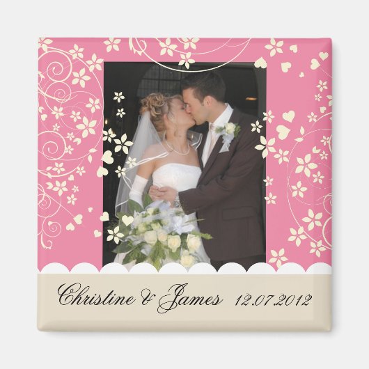 Crème bloemetjes op roze magneet, met je foto magneet (Voorkant)