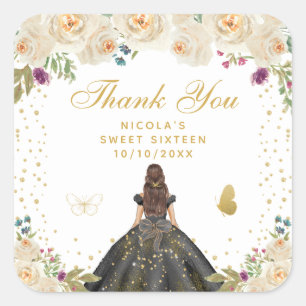 Crème Bloemige Bruine Haar Prinses Sweet Sixteen Vierkante Sticker