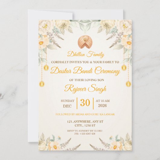 Crème Bloemige Dastar Bandi Ceremonie Uitnodiging (Voorkant)