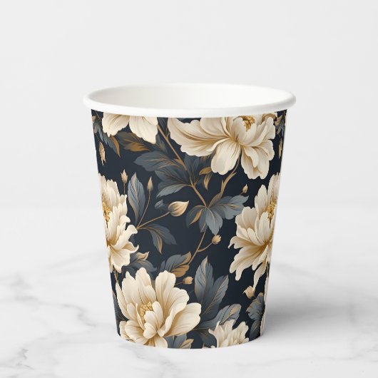 Crème Bloemige Pioen Moderne Elegantie Papieren Bekers (Achterkant)