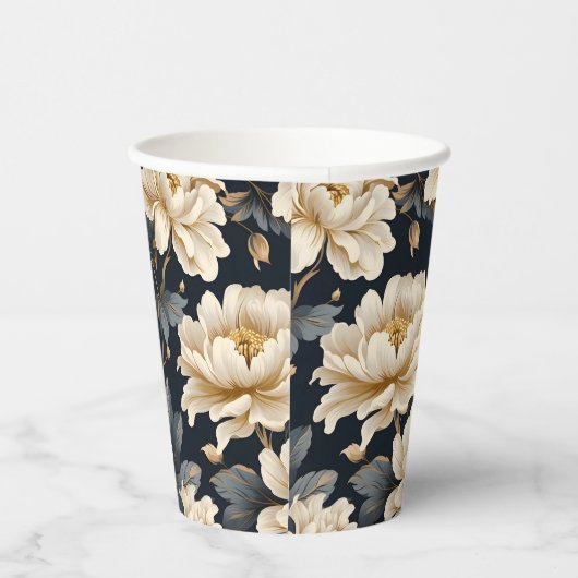Crème Bloemige Pioen Moderne Elegantie Papieren Bekers (Rechts)
