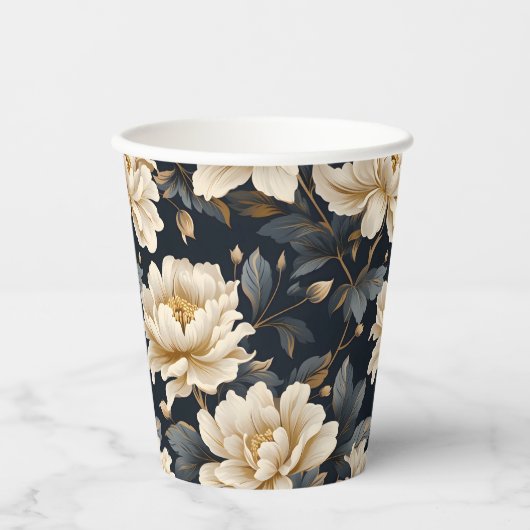 Crème Bloemige Pioen Moderne Elegantie Papieren Bekers (Voorkant)