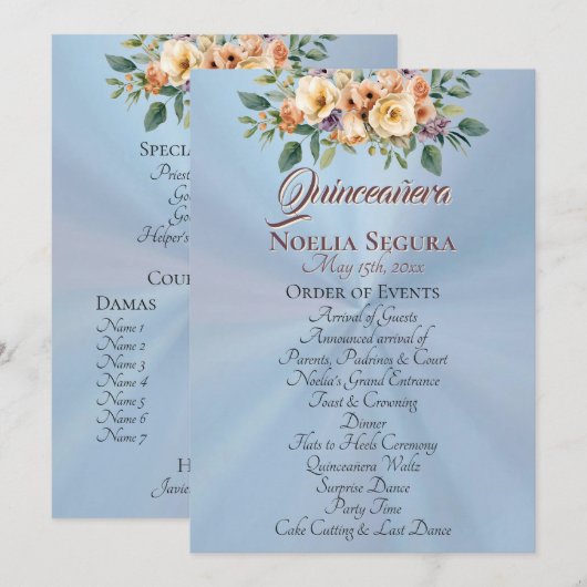 Crème Bloemige Quinceanera Programma - Lichtblauw Programmakaart (Voorkant / Achterkant)