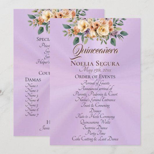 Crème Bloemige Quinceanera Programma - Lila Programmakaart (Voorkant / Achterkant)