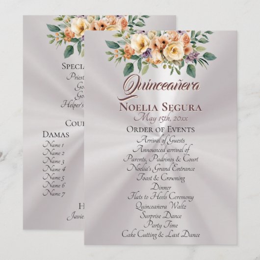 Crème Bloemige Quinceanera Programma - Parelwit Programmakaart (Voorkant / Achterkant)