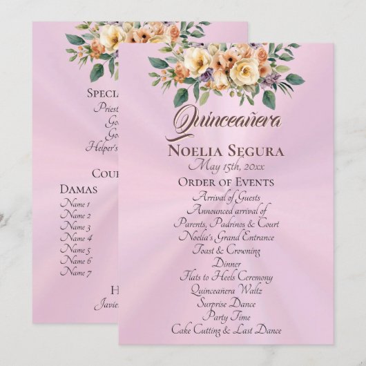 Crème Bloemige Quinceanera Programma - Pastel Roze Programmakaart (Voorkant / Achterkant)