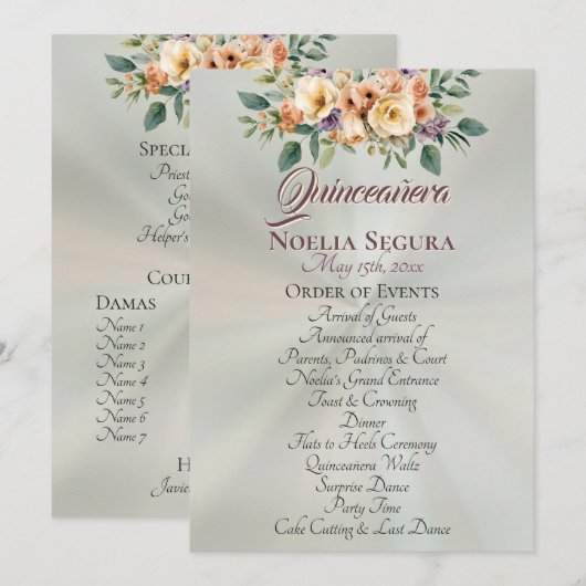 Crème Bloemige Quinceanera Programma - Pastel Sali Programmakaart (Voorkant / Achterkant)