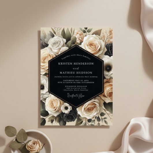 Crème Bloemrijke Nocturne Bruiloft Kaart