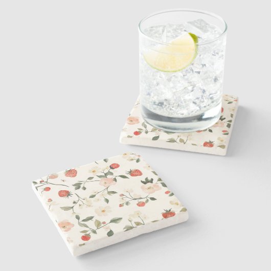 Crème Blush Aardbeien Stenen Onderzetter (Zijkant)