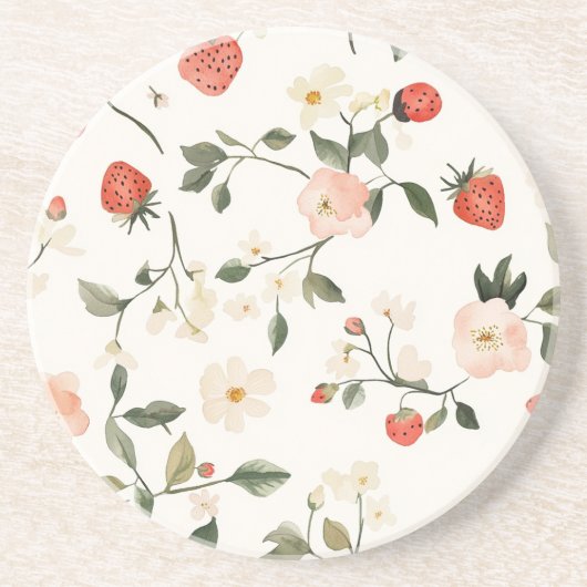 Crème Blush Aardbeien Zandsteen Onderzetter (Voorkant)
