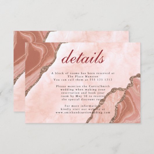 Crème Blush Agate Soft Pink Gold Weduwdetails Informatiekaartje (Voorkant / Achterkant)