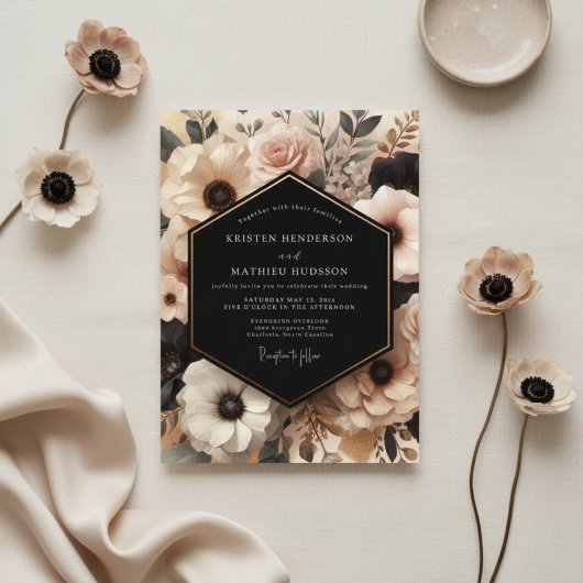 Crème Blush Bloemrijke Romantische Bruiloft Kaart