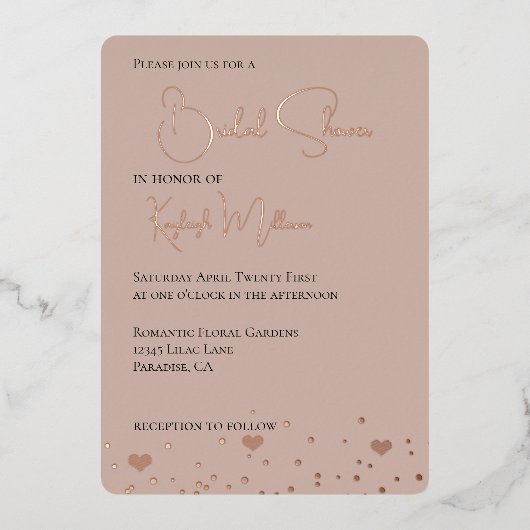 Crème Blush Diamonds Confetti Harten Bruiloftsshow Folie Uitnodiging (Voorkant)