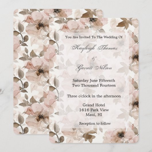 Crème Blush Roze Bloemen Huwelijk Kaart (Voorkant / Achterkant)