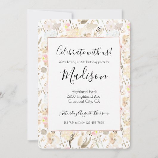 Crème Blush Roze Bloemen Verjaardag Kaart (Voorkant)