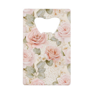 Crème Blush Roze Rozen Bloem Bruiloft Creditkaart Flessenopener