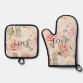 Crème Blush Roze Rozen Bloem Ovenwant & Pannenlap Set (Voorkant)