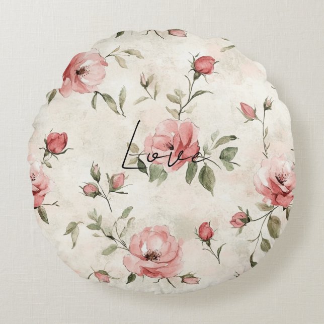 Crème Blush Roze Rozen Bloem Rond Kussen (Voorkant)
