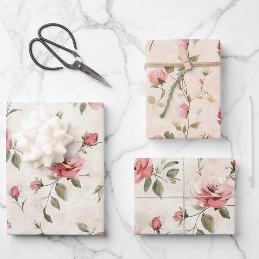 Crème Blush Roze Rozen Bloemig Bruiloftsfeest Inpakpapier Vel (Voorkant)