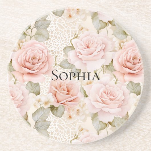Crème Blush Roze Rozen Bloemig Zandsteen Onderzetter (Voorkant)