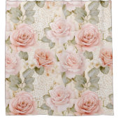 Crème Blush Roze Rozen Bloemige Bruiloft Feest Douchegordijn (Voorkant)