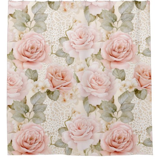 Crème Blush Roze Rozen Bloemige Bruiloft Feest Douchegordijn (Voorkant)