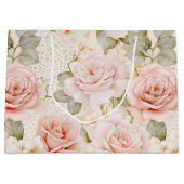 Crème Blush Roze Rozen Bloemige Bruiloft Feest Groot Cadeauzakje (Voorkant)