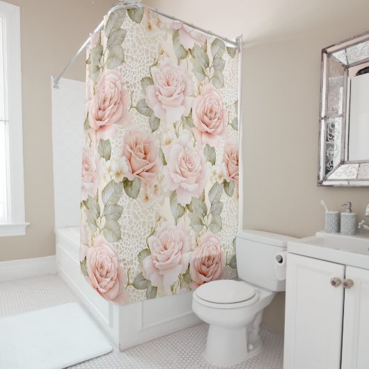 Crème Blush Roze Rozen Bloemige Bruiloftsdouche Douchegordijn (In situ)