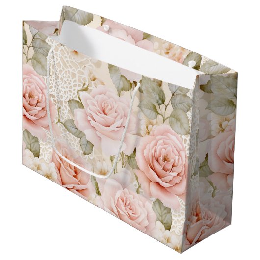 Crème Blush Roze Rozen Bloemige Bruiloftsdouche Groot Cadeauzakje (Voorkant Gekanteld)