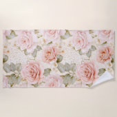 Crème Blush Roze Rozen Bloemige Bruiloftsdouche Strandlaken (Voorkant)