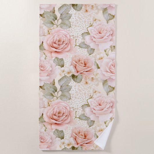 Crème Blush Roze Rozen Bloemige Bruiloftsdouche Strandlaken (Voorkant)