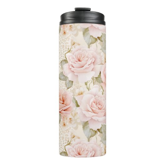 Crème Blush Roze Rozen Bloemige Bruiloftsdouche Thermosbeker (Voorkant)