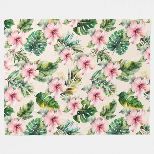Crème Blush Roze Tropische bladeren Hibiscus Bloem Fleece Deken (Voorkant (Horizontaal))