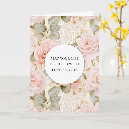 Crème Blush Rozen Bloemen bruiloft Kaart (Gele Bloem)