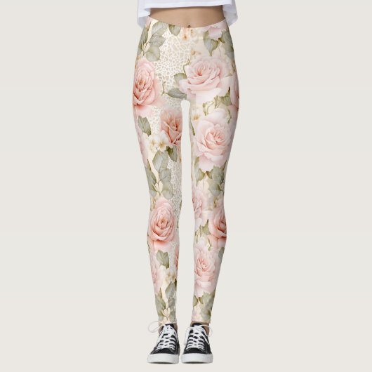 Crème Blush Rozen Bloemen Leggings (Voorkant)