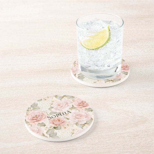 Crème Blush Rozen Bloemen Zandsteen Onderzetter (Zijkant)