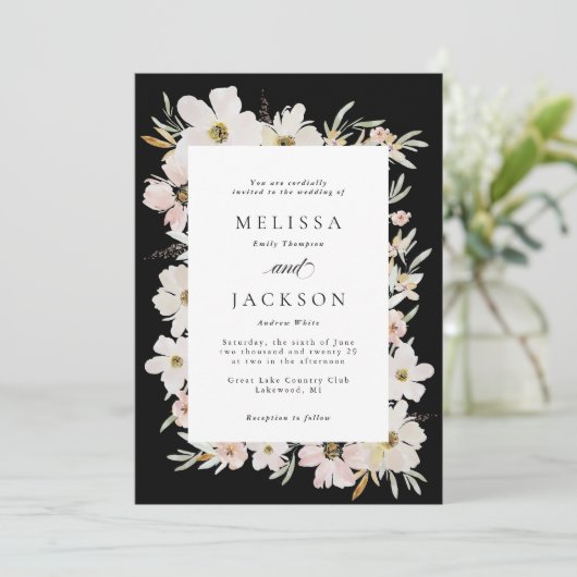 Crème, Blush, Zwarte Waterverf Bloemen bruiloft Kaart (Staand voorkant)