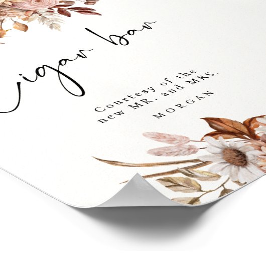 Crème Boho Bloemen Favoriet Sigaar Bar Trouwbord Poster (Hoek)