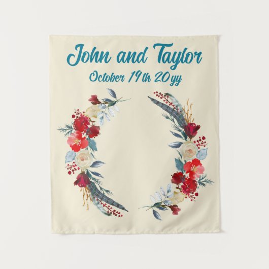 Crème Boho Bruiloft Achtergrond Receptie Fotocabin Wandkleed (Voorkant)