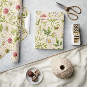 Crème Boho weide met madeliefjes en klaver Cadeaupapier