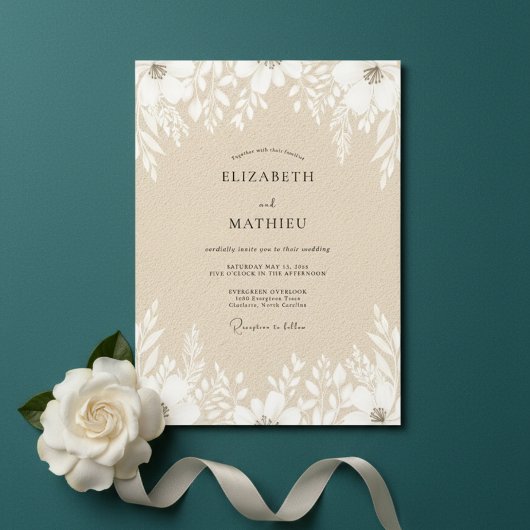 Crème Botanische Bloemige Bruiloft Kaart