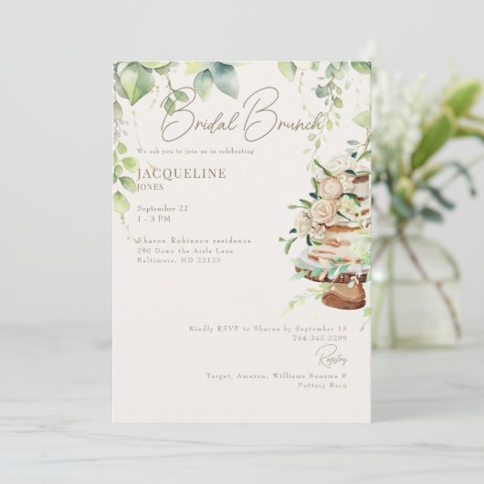 Crème Botanische Cake Bridal Brunch Kaart (Staand voorkant)