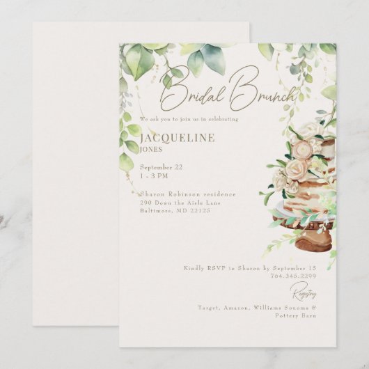 Crème Botanische Cake Bruidsbrunch Kaart (Voorkant / Achterkant)
