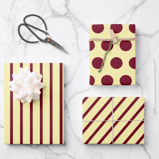 Crème Bourgogne Stripe Circle Dot Inpakpapier Vel (Voorkant)